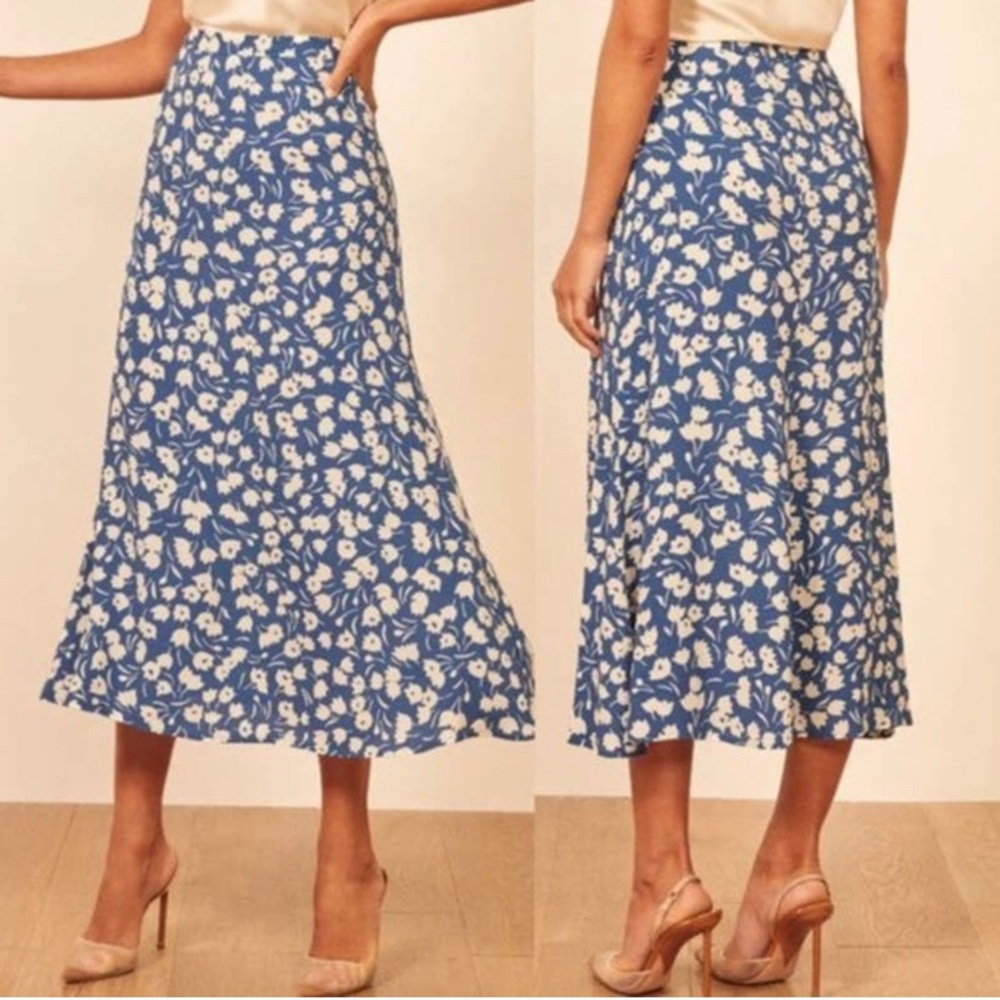 Reformation Blue Floral Midi Skirt